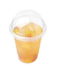 Tasty bubble tea in plastic cup isolated on white