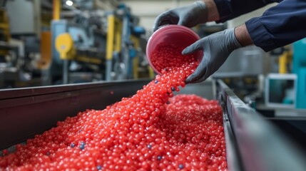 A technician in gloves is pouring bright red polymer granules into an industrial machine hopper, surrounded by various colored granules in a busy manufacturing area