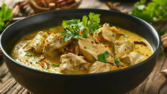 Delicious Creamy Chicken Curry with Cilantro Garnish, served on black bowl