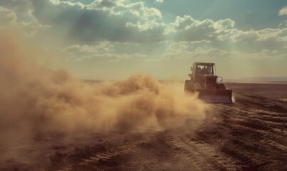Fototapeta premium Bulldozer Pushing Dirt on Barren Landscape with Dust Clouds Trailing