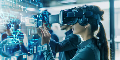 Engineers Using Virtual Reality for Industrial Training, Professionals Working with VR Headsets for Digital Innovation