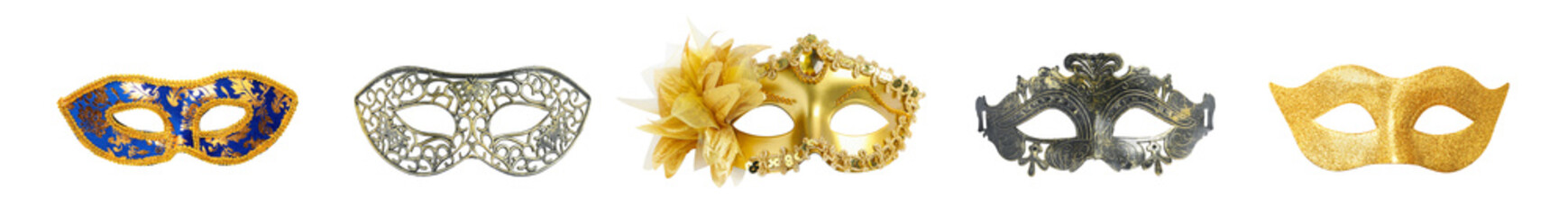 Different carnival masks isolated on white, set