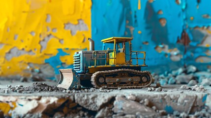 A toy construction site with a bulldozer on a blue and yellow background - obrazy, fototapety, plakaty