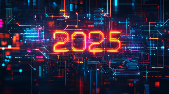 Glowing neon typography over intricate circuitry, blending futuristic digital aesthetics against a dark background. Futuristic Typography. Illustration