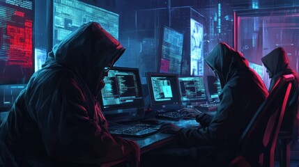 Obraz premium Three Hackers Working in a Dark Room with Monitors Displaying Code