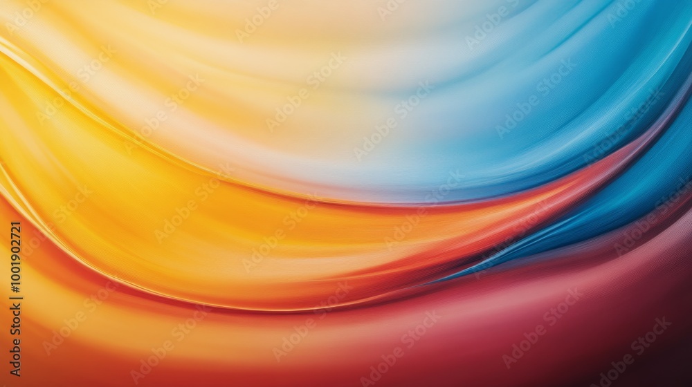 Poster bright hues of blue, yellow, and red flow and merge in graceful, wave-like patterns, creating a dyna