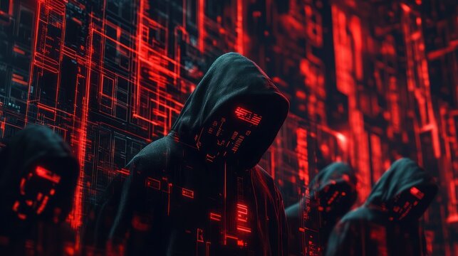 A hooded figure stands against a red and black digital background.