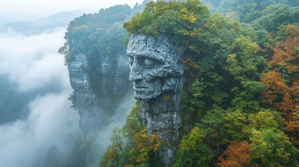 Majestic Rock Formation with Human Face and Forest View