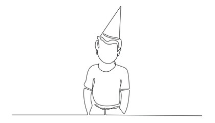 continuous line of boy wearing paper cone hat.single line vector of child celebrating birthday.hand drawn line vector illustration