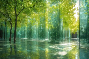 Obraz premium Serene Forest Reflection with Glass Structures