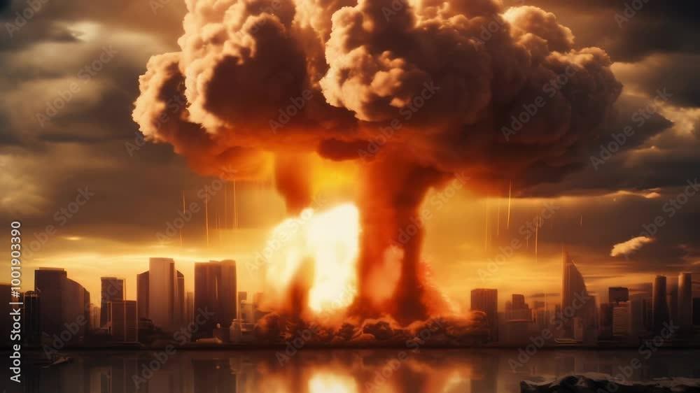 Aufkleber massive explosion is engulfing a city in flames, creating a terrifying mushroom cloud that rises ove