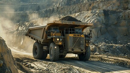 Obraz premium Large Mining Truck Climbing Dirt Ramp in Open-Pit Mine at Sunrise