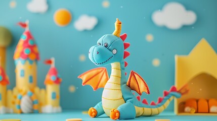 Obraz premium A toy dragon with a castle tower on a blue and yellow background