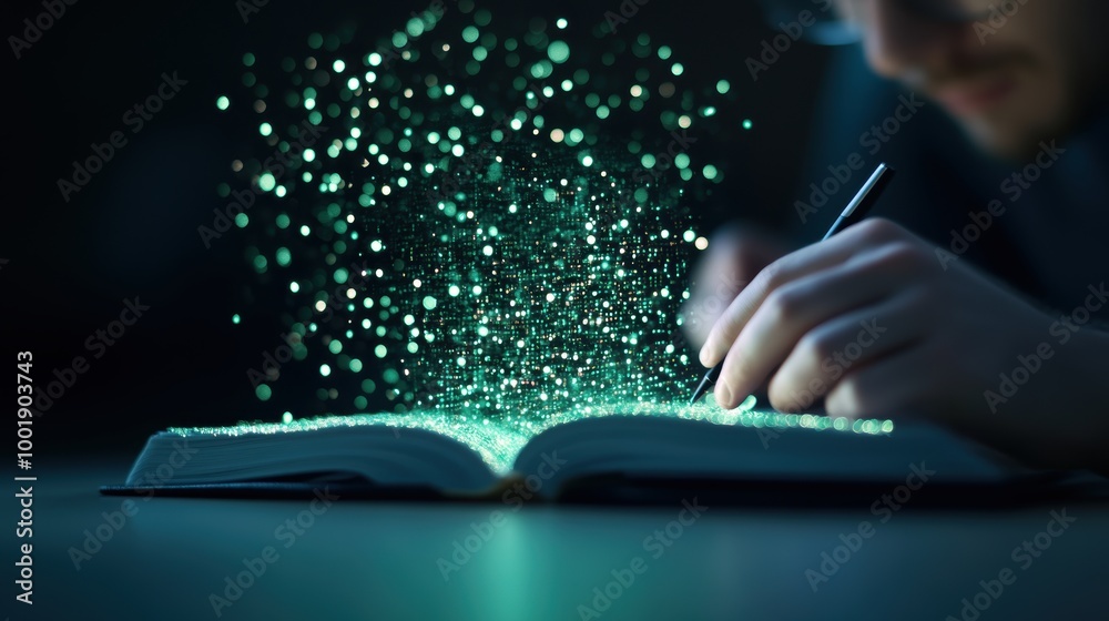 Poster a programmer writes code, their fingers leaving trails of light, each line of code creating a new el