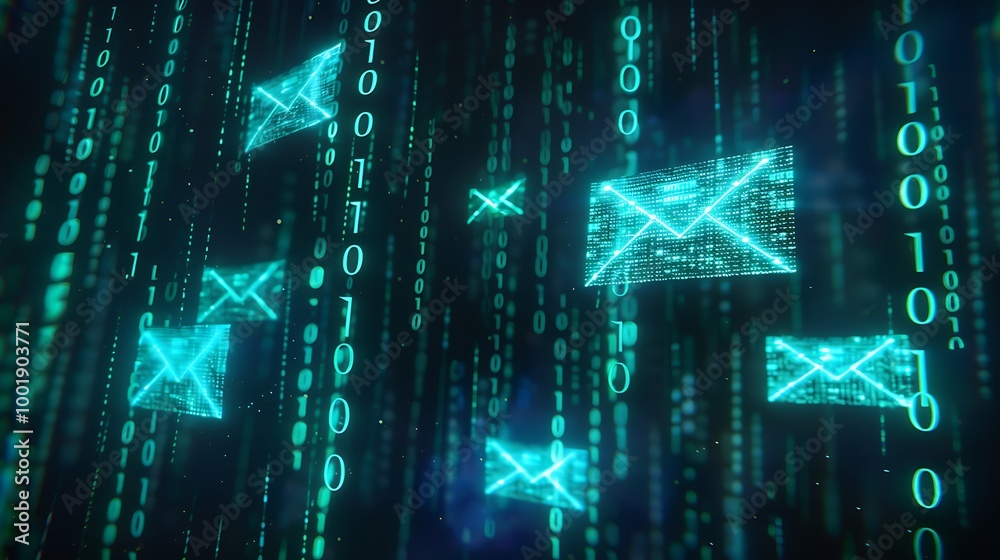 Fototapete glowing envelope icons floating in dark space with binary streams