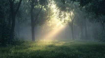 A foggy forest at dawn, with gentle rays of sunlight breaking through the mist