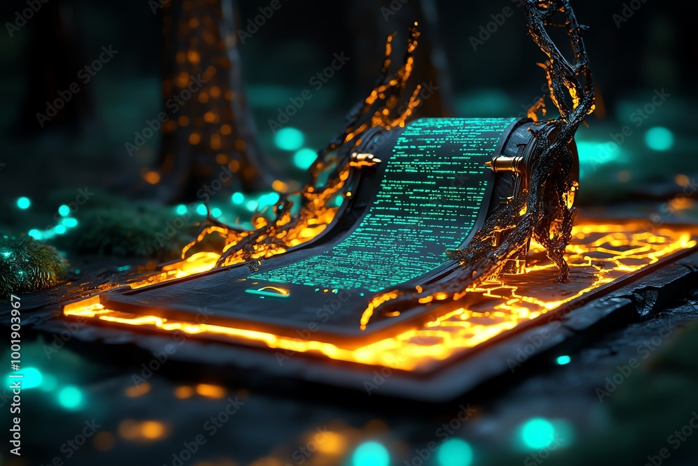 Poster Phishing attempt visualized as a magical trap set in a glowing forest, snaring unsuspecting travelers carrying data scrolls