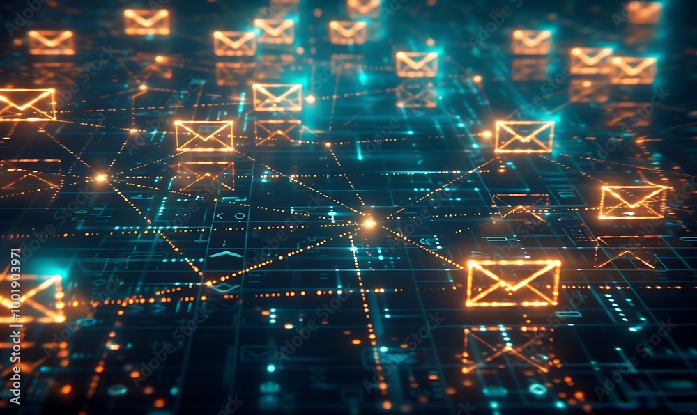 Leinwandbilder conceptual email network with glowing lines connecting envelope icons