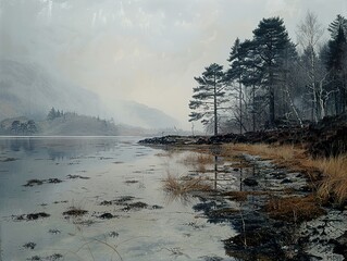 Misty Lake Landscape with Trees and Mountains