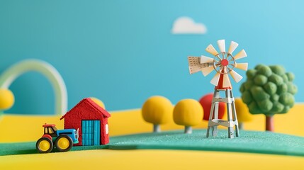 Naklejka premium A toy farm with a windmill and tractor on a blue and yellow background
