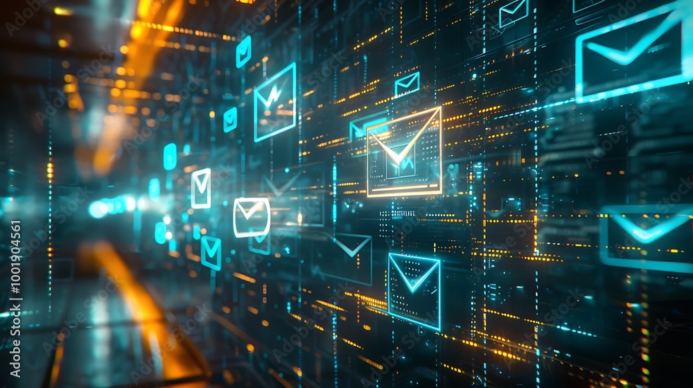 Poster High-Tech Email Concept with Translucent Message Icons and Data Flow