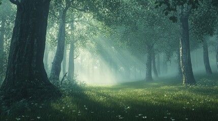 Obraz premium A misty forest scene at daybreak, with diffused light gently filtering through the thick canopy