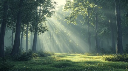 Obraz premium A misty woodland at dawn, with soft rays of sunlight barely filtering through the thick canopy