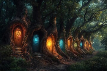 Enchanted Forest with Colorful Doorways at Dusk