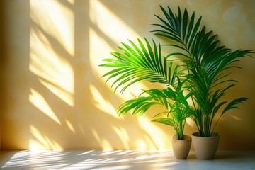 Obraz premium Sunlight & Greenery: Two potted palm trees bask in the warm glow of sunlight streaming through a window, casting long, dappled shadows on a pale yellow wall.
