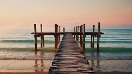Obraz premium Serene Wooden Pier Extending into Calm Ocean at Sunrise 