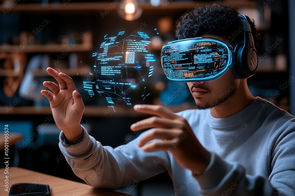 Poster programmer working in a 3d digital environment, where virtual code structures hover around them in a