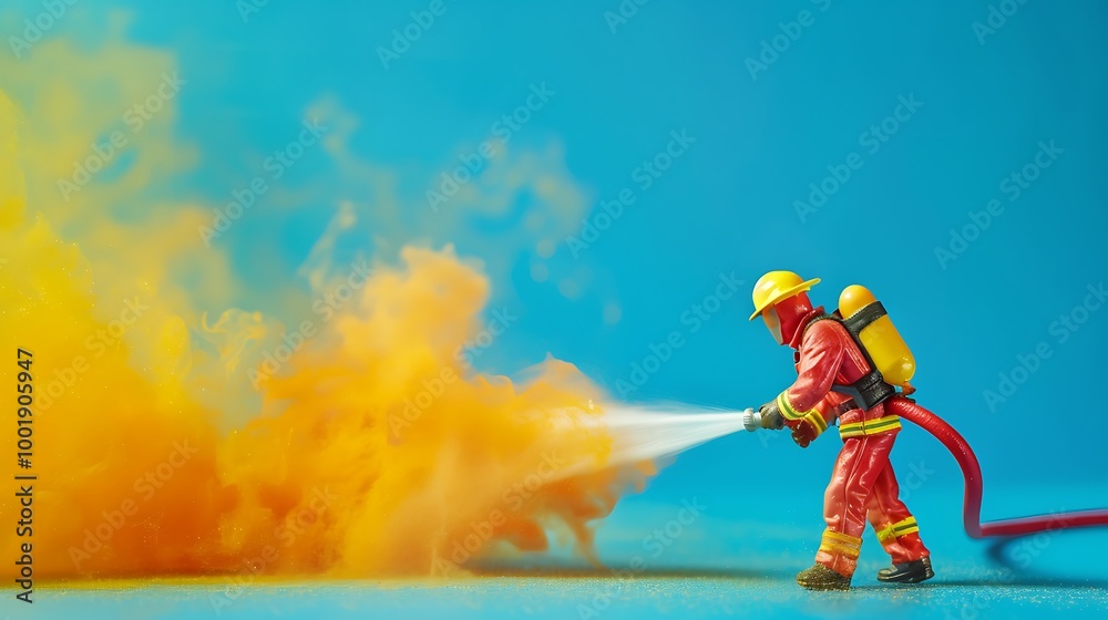 Wall mural A toy fireman putting out a fire on a blue and yellow background