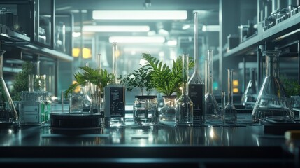 A Row of Glass Flasks and Plants in a Modern Laboratory