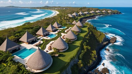 Fototapeta premium Aerial view of a coastal resort area featuring a series of thatched-roof villas and buildings nestled along a lush, green cliffside.