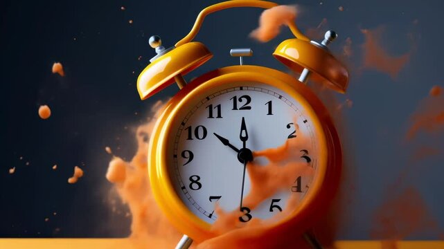 Vibrant orange explosion around yellow alarm clock at 5 o'clock on blue background symbolizes time urgency and stress. Flying dust adds energy