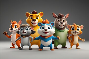 Naklejka premium Funny 3D Animated Animal Squad Playful Creatures with Isolated Backgrounds