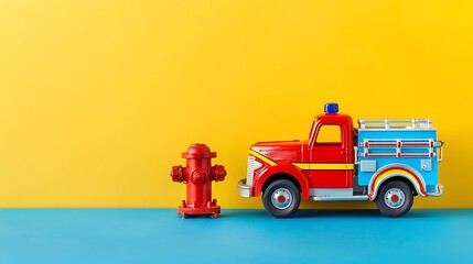 Naklejka premium A toy firetruck with a hydrant on a blue and yellow background
