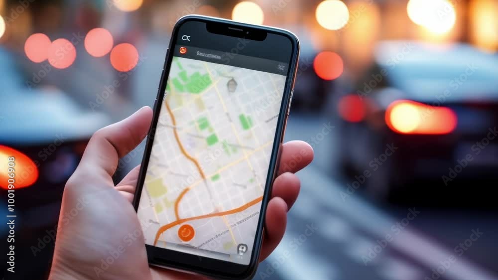 Aufkleber Person is holding a smartphone displaying a navigation app with a city map in the background. The image suggests being lost in a new city and using technology to find your way