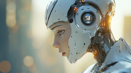 Fototapeta premium Close-up of a Female Android's Face with Visible Internal Mechanics