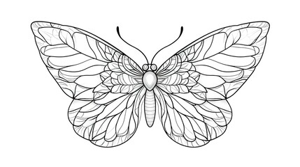 A minimalistic butterfly design featuring symmetrical wings, each adorned with delicate mandala patterns composed of simple geometric shapes such as circles, lines, and petals