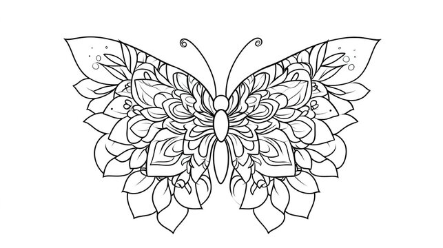 A minimalistic butterfly design featuring symmetrical wings, each adorned with delicate mandala patterns composed of simple geometric shapes such as circles, lines, and petals