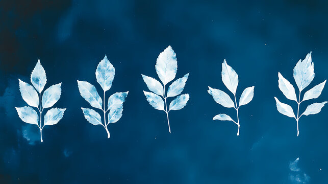 Minimalist cyanotype leaf prints on blue background, perfect for branding, packaging, and home decor , cyanotype, leaf. Cyanotype. Illustration