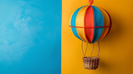 Obraz premium A toy hot air balloon with a basket on a blue and yellow background