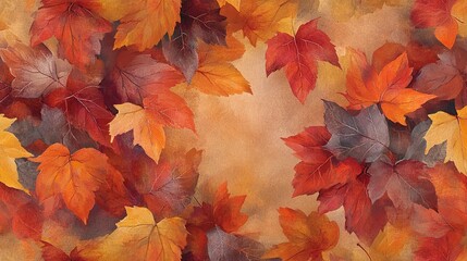 A captivating repeating pattern of vibrant autumn leaves, showcasing rich shades of red, orange, and yellow. The leaves are elegantly cascading across a soft, muted background, creating a harmonious 