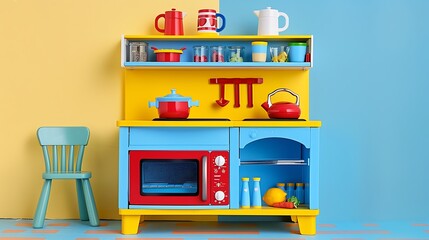 A toy kitchen with a microwave on a blue and yellow background