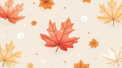 Obraz premium A captivating repeating pattern of vibrant autumn leaves, showcasing rich shades of red, orange, and yellow. The leaves are elegantly cascading across a soft, muted background, creating a harmonious 