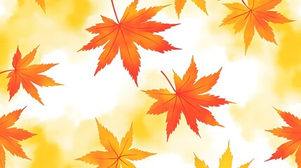 Obraz premium A captivating repeating pattern of vibrant autumn leaves, showcasing rich shades of red, orange, and yellow. The leaves are elegantly cascading across a soft, muted background, creating a harmonious 