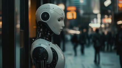 A humanoid robot with a smooth grey head and a complex neck mechanism, standing in a blurry urban environment.