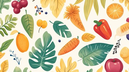 A seamless pattern showcasing a delightful assortment of leaves, fruits, and vegetables, designed to create a vibrant and harmonious composition. The pattern features a diverse mix of tropical leaves,