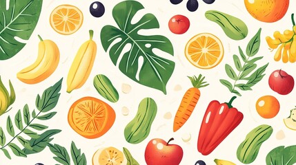 Obraz premium A seamless pattern showcasing a delightful assortment of leaves, fruits, and vegetables, designed to create a vibrant and harmonious composition. The pattern features a diverse mix of tropical leaves,